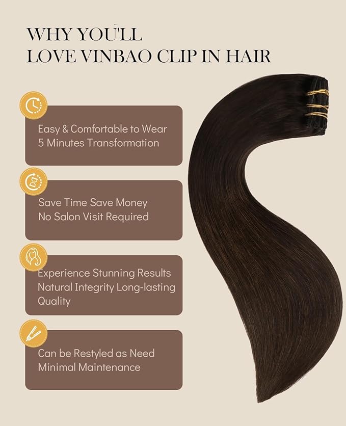 VINBAO Hair Extensions Clip in Human Hair Color 2 Darkest Brown Remy Hair Double Weft 14 Inch 100g 6pcs Clip in Hair Extensions Straight Thick Human Hair Extensions for Women(#2, 14'')