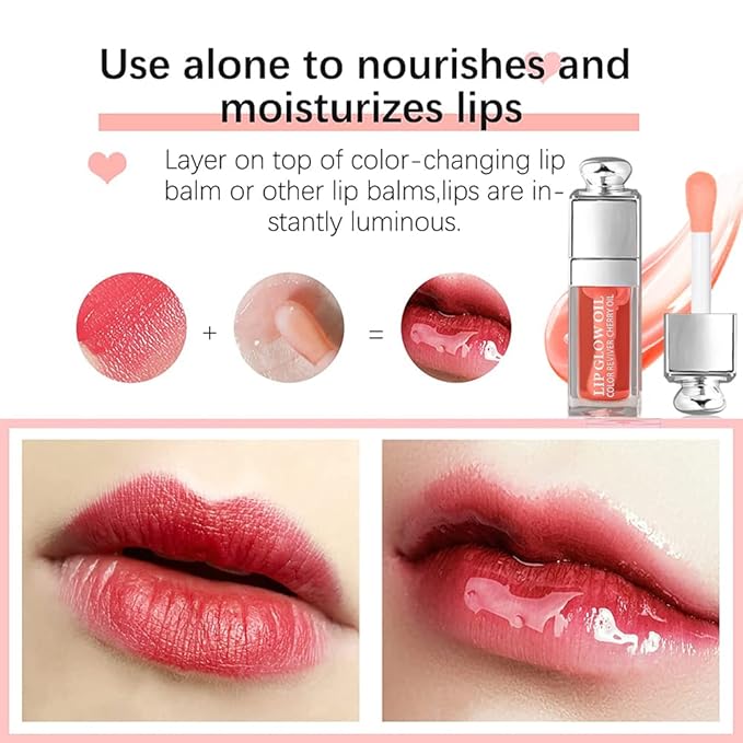 GECOMO 2PCS Hydrating Lip Glow Oil, Lip Oil Gloss Transparent Toot Tinted Nourishing Long Lasting Repairing Lightening Lip Lines (CHERRY) 0.2 OZ