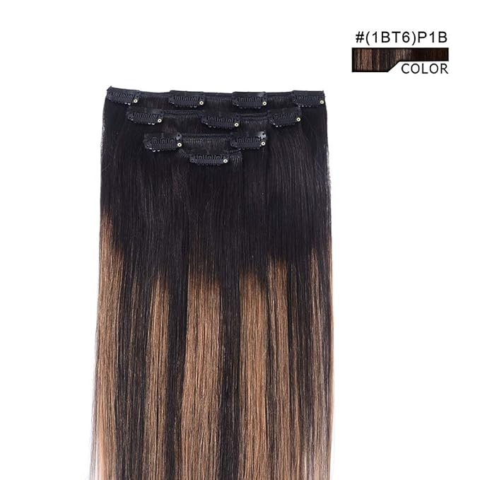 16" Hair Extensions Balayage Clip in Human Hair for Women - Silky Straight Natural Black to Chestnut Brown Highlight Black Ombre Hair 55grams 4pieces #(1BT6) P1B Color
