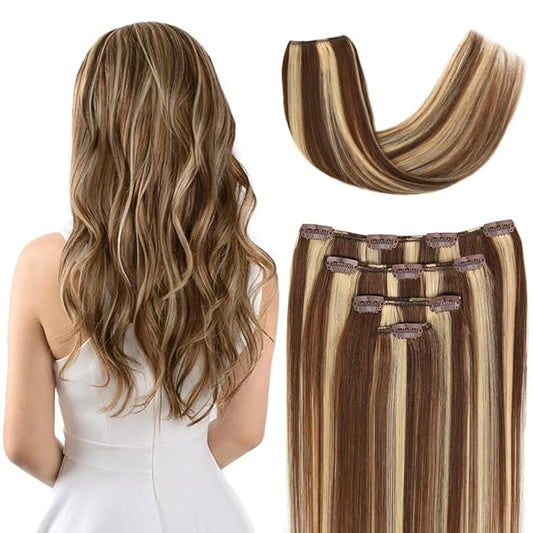 18" Clip in Hair Extensions Remy Human Hair for Women - Silky Straight Real Human Hair hightlight Clip on 60grams 4pieces #6/613 Color