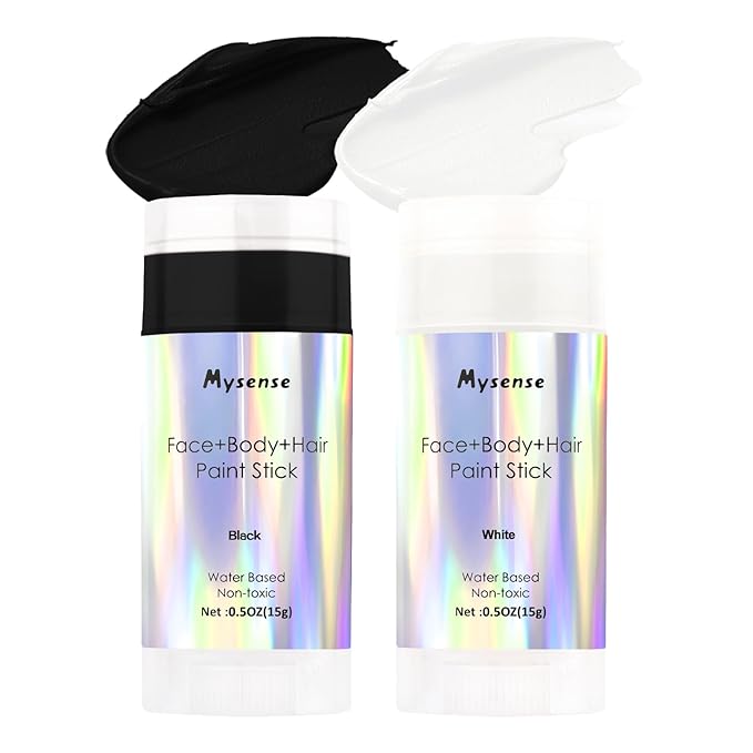 Mysense Black&White Face Body Hair Paint Stick,Water Based Washable Temporary Hair Color,Non-toxic Cream Body Paint for Adults and Kids Halloween SFX Cosplay Clown Skull Zombie Makeup,0.5oz/pc