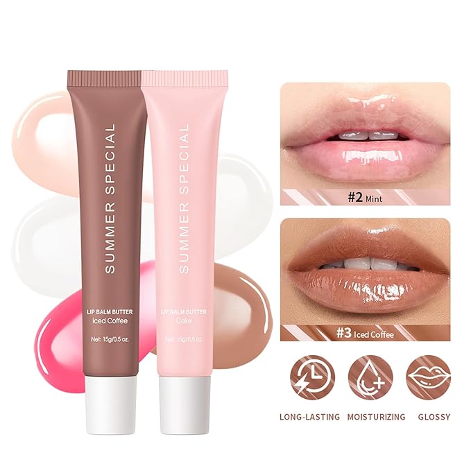 5Pcs Summer Lip Glossy Butter Balm Set, Instant Moisture Sheer Tint, Non-Sticky, Conditioning Formula to Soothe & Repair Dry, Chapped Lips, Jelly Lip Stain with Natural Scent (#1+2+3+4+5, 5Pcs)