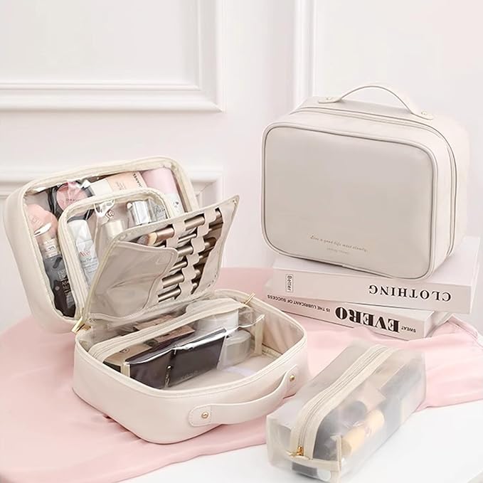 Travel Makeup Bag Large Capacity Cosmetic Organizer Waterproof Leather Toiletry Bag with Brush Holder and Handle Portable Cosmetic Storage Bag for Women Girls Gift - White