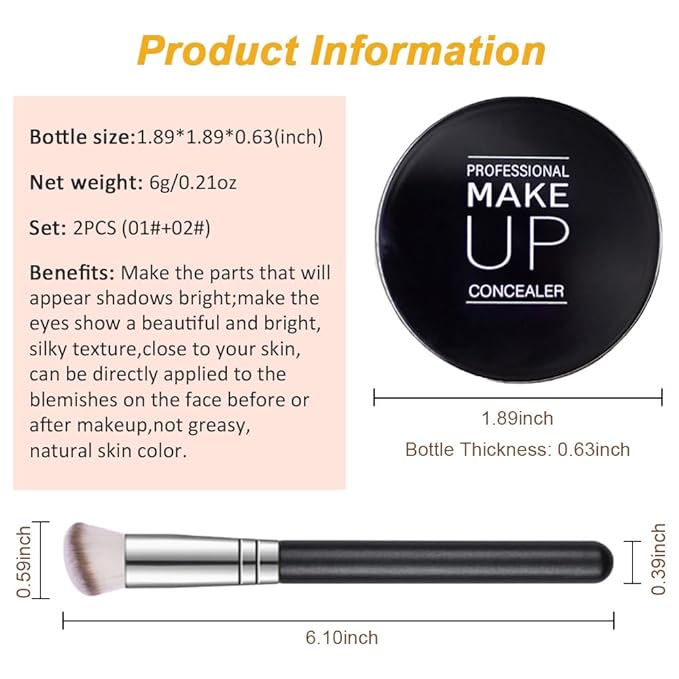 Kaely 2Pcs Pot Concealer Full Coverage Set, Under Eye Brightener Color Correcting Concealer for Dark Circles, Waterproof Foundation Face Makeup Brush Kit, Eye Ring Corrector de ojeras, 01+02