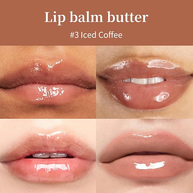 4 Flavors Lip Glossy Butter Balm Lip Tint Hydrating Lip Gloss, Soothes & Softens Dry Lips High Shine Nude Color Nourishing Lip Care Finish (03# Iced Coffee, 0.5oz)