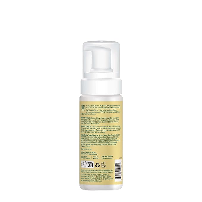 ATTITUDE Micellar Foaming Facial Cleanser, EWG Verified, Dermatologically Tested, Plant and Mineral-Based, Vegan, Lemon Leaves, 5 Fl Oz