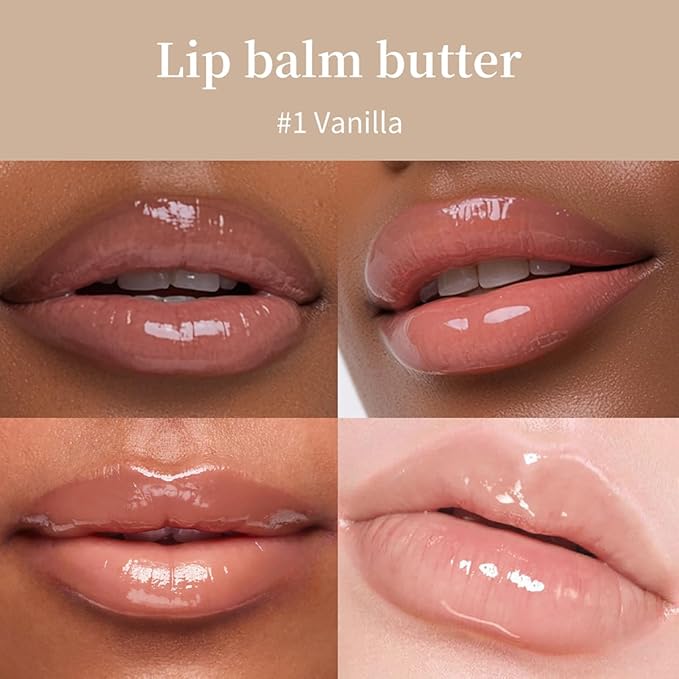4 Flavors Lip Glossy Butter Balm Lip Tint Hydrating Lip Gloss, Soothes & Softens Dry Lips High Shine Nude Color Nourishing Lip Care Finish (01# Vanilla, 0.5oz)