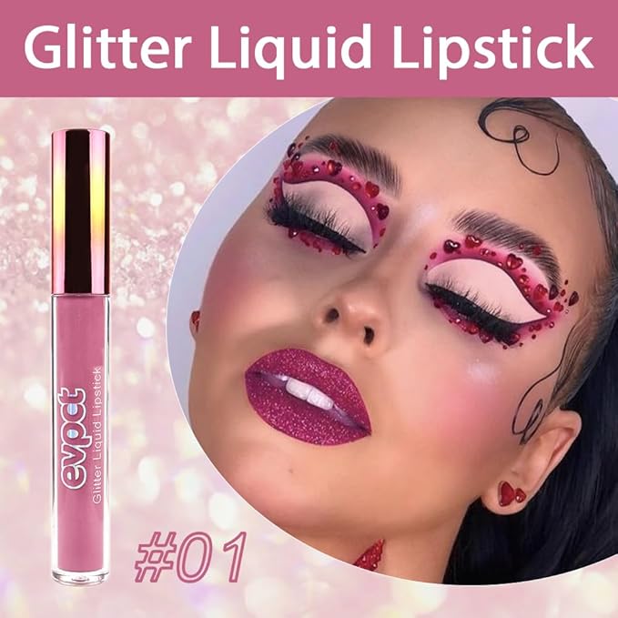 evpct 1Pcs Mauve Matte to Glitter Liquid Lipstick Lip Set Kit, Long Lasting Matte Diamond Glitter Lipstick Waterproof, Colorful Sparkly Glossy Metallic Shimmer Sparkle Lip Gloss for Women 01#