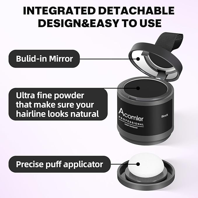 Acomler Instantly Root Cover Up Hairline Shadow Powder,Root Touch Up Hair Color 0.35 Ounce for Thinning Hair, Grey Hair Coverage Hair Powder for Women Men with Eyebrows,Beard Line,Bald Spots (Black)