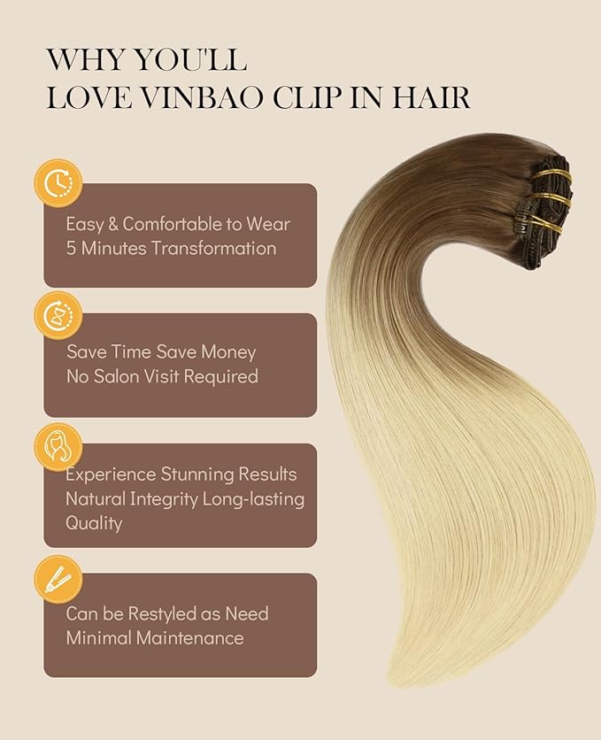 VINBAO Clip in Hair Extensions Ombre Blonde Clip in Human Hair Extensions #8 Light Brown Fading to #60 Platinum Blonde Balayage Hair Extension Double Weft 20 inch 120g 6pcs(#8/60, 20)