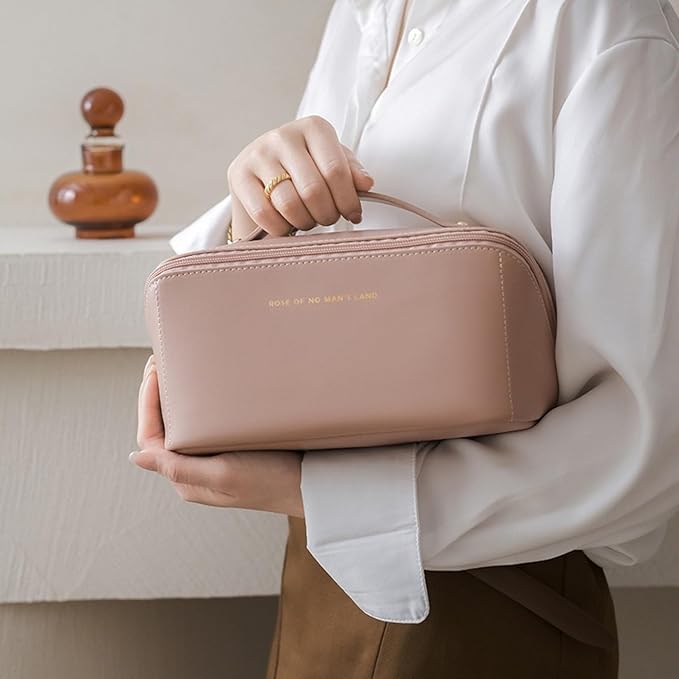 Large Capacity Makeup Bag Portable Travel Cosmetic Bag Opens Flat for Women Girls Makeup Pouch Portable Zipper Bag (Rose Pink)