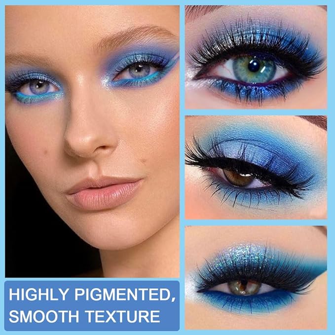 evpct 9 Colors Blue Glitter Eyeshadow Palette, Glitter Dark Light Royal Cobalt Baby Sky Navy Blue Metallic Shimmer Sparkly Eye Shadow Palette Makeup for Older Women, Highly Pigmented Eyeshadow