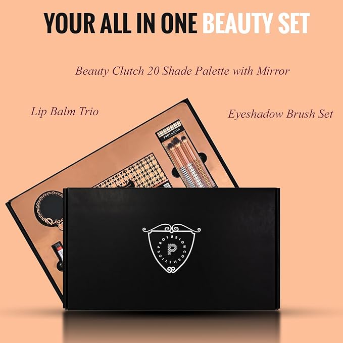 Profusion Cosmetics Beverly Hills PR Box – 20 Shade Beauty Clutch Palette with Mirror, 3 Pc Eyeshadow Brushes & Lip Balm Trio for Luxe, Pigmented Makeup to Enhance Your Beauty Routine