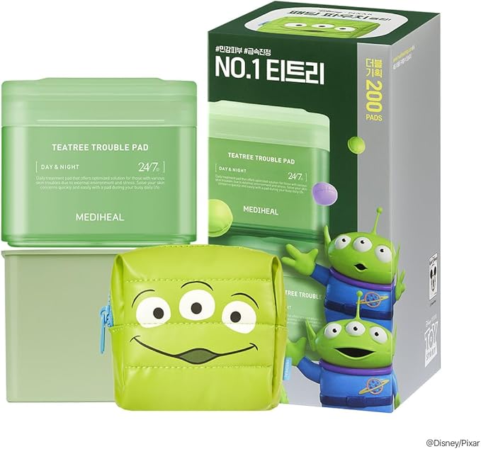 MEDIHEAL Toner Pads [Teatree] Trouble Care - Disney Pixar Edition - Quick Soothing for Sensitive Skin - Lactobacillus Acne Prone Skin - Vegan Face Gauze, Full Size 100 + Refill 100 (200 Count)