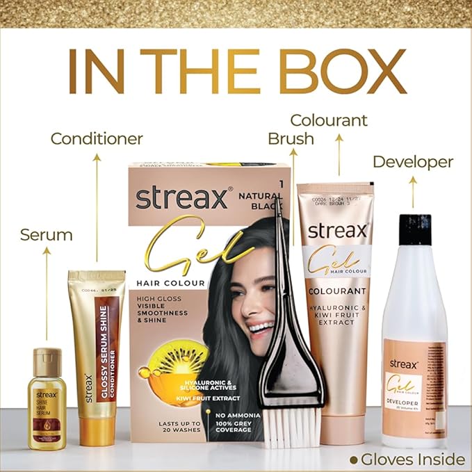 Streax Gel Hair Colour for Women & Men, Natural Black 1, 150 ml I Black I Ammonia Free, Hair Dye |Permanent Hair Colour| 100% Grey Coverage| Brown Hair Color|Lasts Upto 20 Washes
