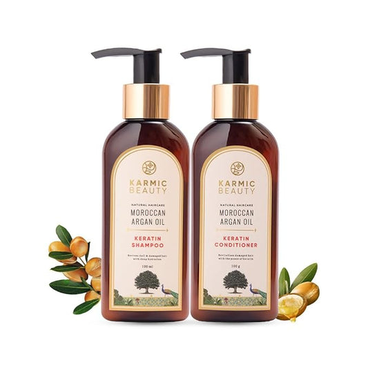 100% Organic Moroccan Argan Oil & Natural Keratin Shampoo 3.4 fl oz and Conditioner 3.5 oz (Bundle) | For Dry, Damaged & Colored Hair