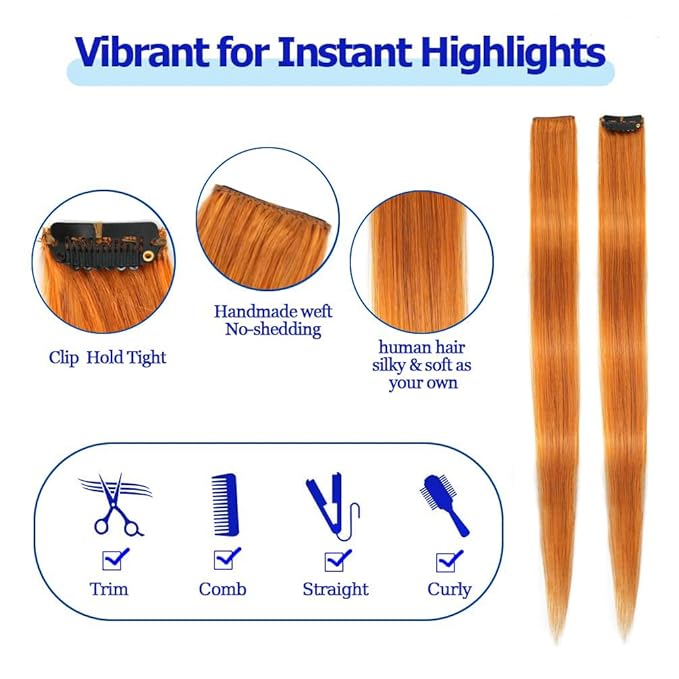 Winsky Dark Orange Clip in Hair Extensions 100% Real Human Hair - Straight Highlights Colored Clip on Christmas Hairpieces 5 Pieces/Set (18inch, Dark Orange)