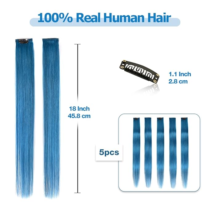 Winsky Deep-sea Blue Hair Extensions Girls Clip in Human Hair - 100% Straight Party Highlights Clip on Colored Hair Extensions 5 Pieces/Set (18inch,Deep-sea Blue)