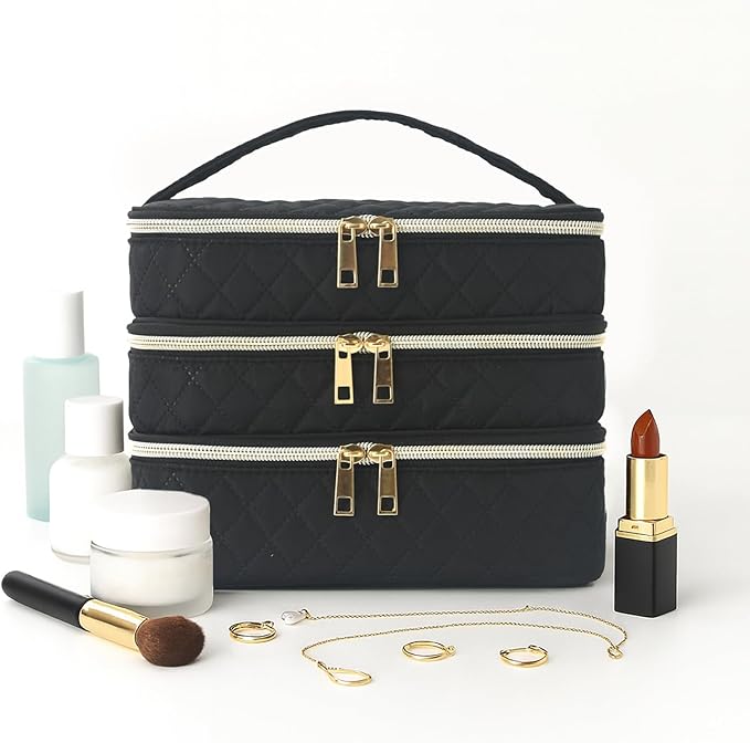 Travel Makeup Bag for Women Three Layer Large Cosmetic Case Water-resistant Toiletry Bag Organizer for Store Toiletries Cosmetic Accessories and Manicure Sets Black