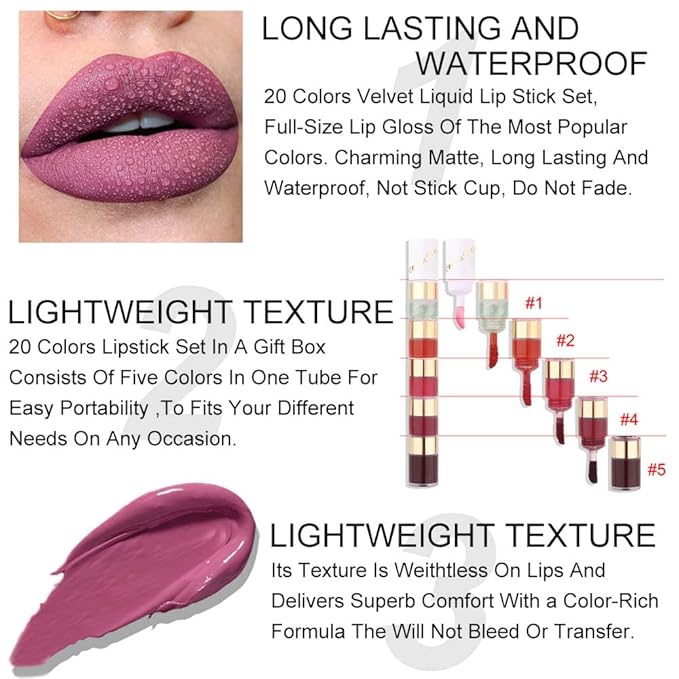 evpct 20 Colors Liquid Matte Lipstick Set Lip Stick Stain Packs Matte for Dark Skin Women,Dark Red Mat Matt Long Lasting Original 24 Hour lipstick lapiz labiales mate 24 horas originales mate