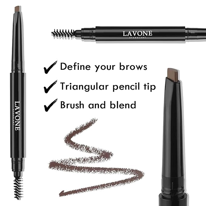 LAVONE Eyebrow Pencil - Makeup Waterproof Brow Pencil with Triangular Tip, Dual-Sided Brow Brush, Precise, Fine Tip, Fills Brows Creates Natural Looking Brow, with Hair Clips - Dark Brown