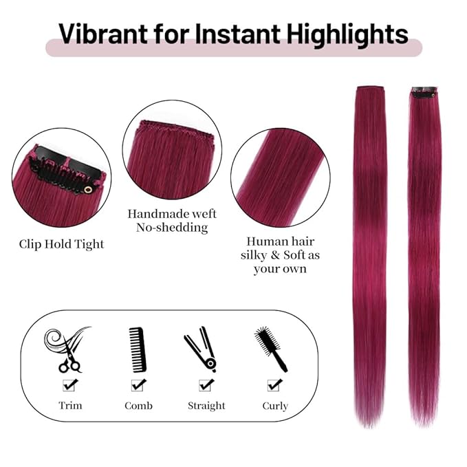 Winsky Colored Clip in Hair Extensions 100% Real Human Hair -Straight Highlights Colored Clip on Hairpieces 5 Pieces/Set (18inch, Pink, Purple, Red, Blue, Burgundy)