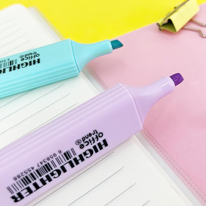 Highlighters 6 Colors - Chisel Tip Fluorescent Marker Pens for Students, Office, Journals, Smooth Writing, Pastel Shades