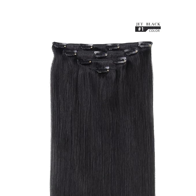 16" Clip in Hair Extensions Real Human Hair for Women - Silky Straight Jet Black Human Hair Clip on 55grams 4pieces #1 Color