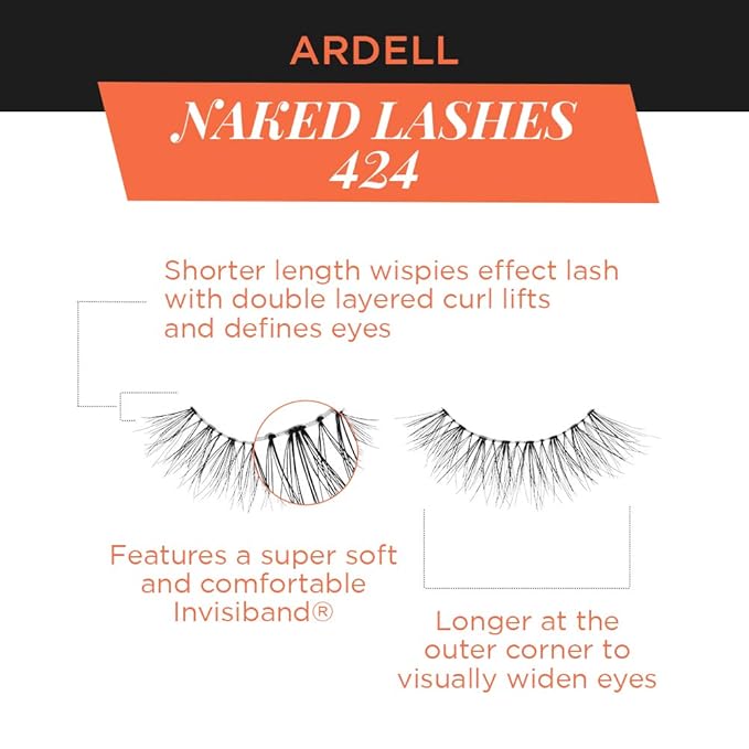 Ardell Naked Lashes Natural 424 with Invisiband - Natural False Eyelashes, Soft Volume Strip Lashes for Everyday Wear, 4 Pairs