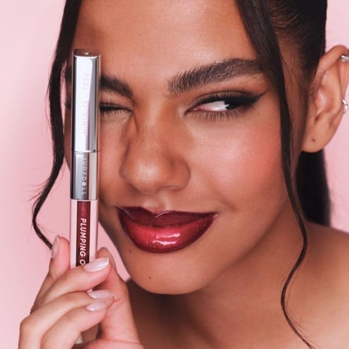 JUDYDOLL Peel Off Stain and Plumping Oil Duo - Macaron-Inspired Long-Lasting Lip Stain with 3D Plumping Gloss, Hydrating and Non-Sticky Formula (#03 Cherry Spark)