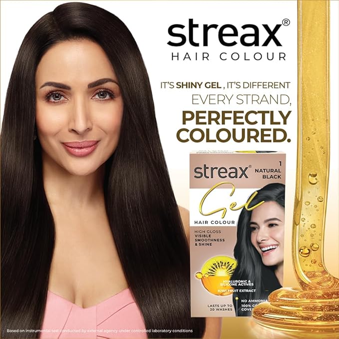 Streax Gel Hair Colour for Women & Men, Natural Black 1, 150 ml I Black I Ammonia Free, Hair Dye |Permanent Hair Colour| 100% Grey Coverage| Brown Hair Color|Lasts Upto 20 Washes