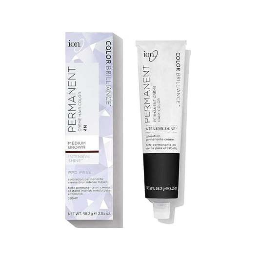 Ion Permanent Creme Hair Color 4N Medium Brown, Vegan, Cruelty Free, PPD Free, 100% Gray Coverage, Long Lasting, Fade Resistant Color, 2.05 oz