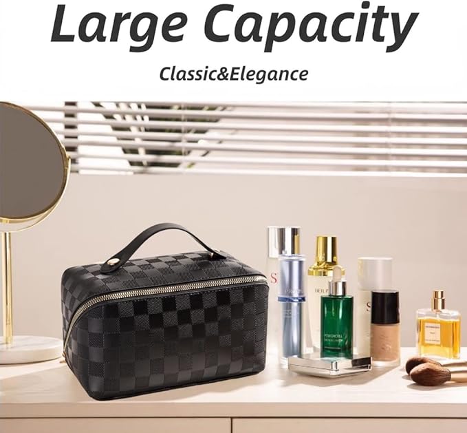 Large Capacity Checkered Makeup Bag Portable Travel Cosmetic Bags Open-Flat Toiletry Bag for Women Girls Make Up Organizer with Divider Pouch Zipper Bag (black-checkered)