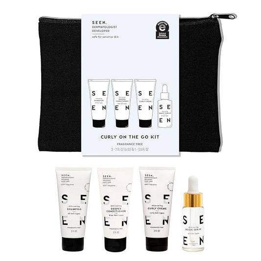 SEEN Curly On The Go Kit, Fragrance Free - Non-Comedogenic & Safe for Sensitive Skin - Curl-Defining Styling Hair Bundle - Anti Frizz - Heat Protectant