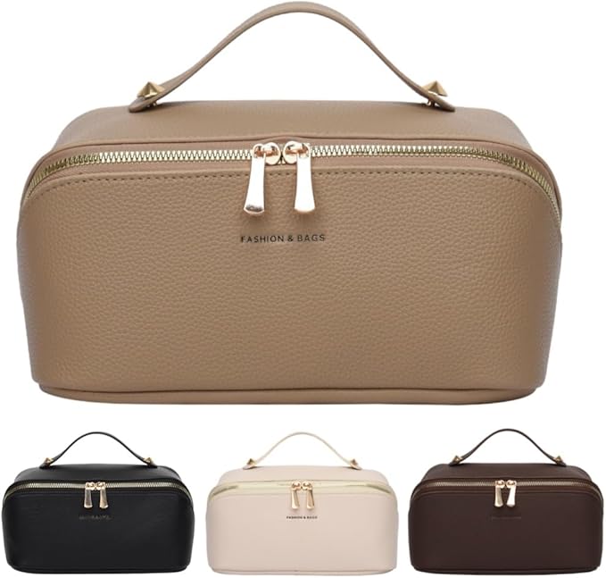 Large Capacity Checkered Makeup Bags Portable Travel Cosmetic Bags Open-Flat Toiletry Bag for Women Girls Make Up Organizer with Divider Pouch Zipper Bag (C-Khaki)