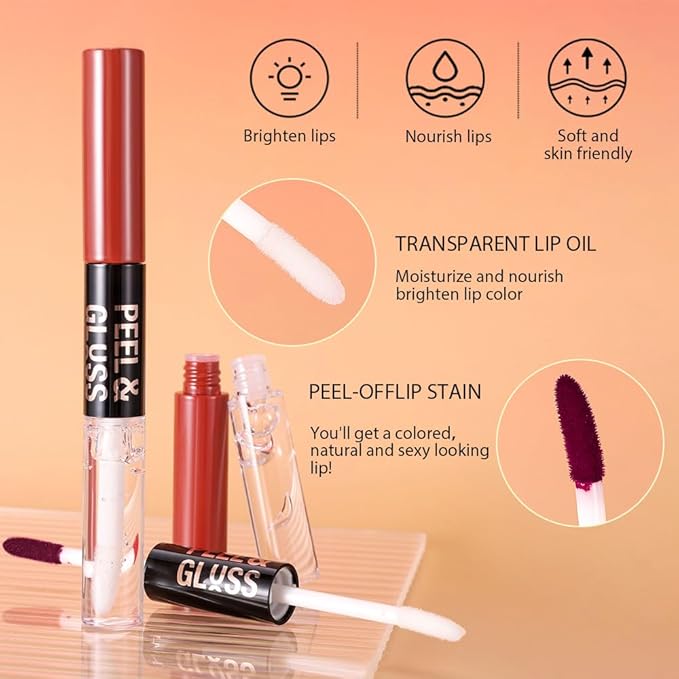 2Pcs Liquid Lip Stain Peel Off Lip liner and Lip oil with Tweezer, Dual-Ended Peel Off Lip Stain Tattoo, Highly Pigmented Long Lasting Waterproof, Transfer-proof for All Skin Types, 02#+04#