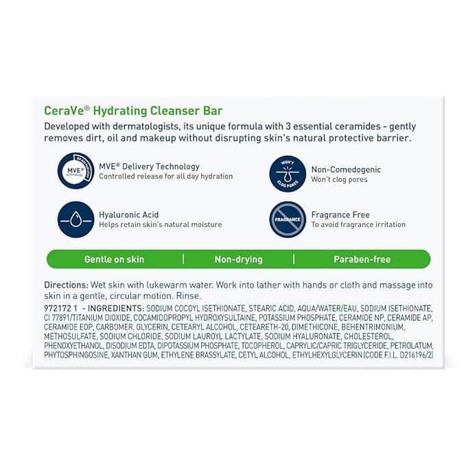 CeraVe Hydrating Cleanser Bar - Soap-Free Body and Facial Cleanser with 5% Moisturizing Cream - 4.5 Ounce Bar
