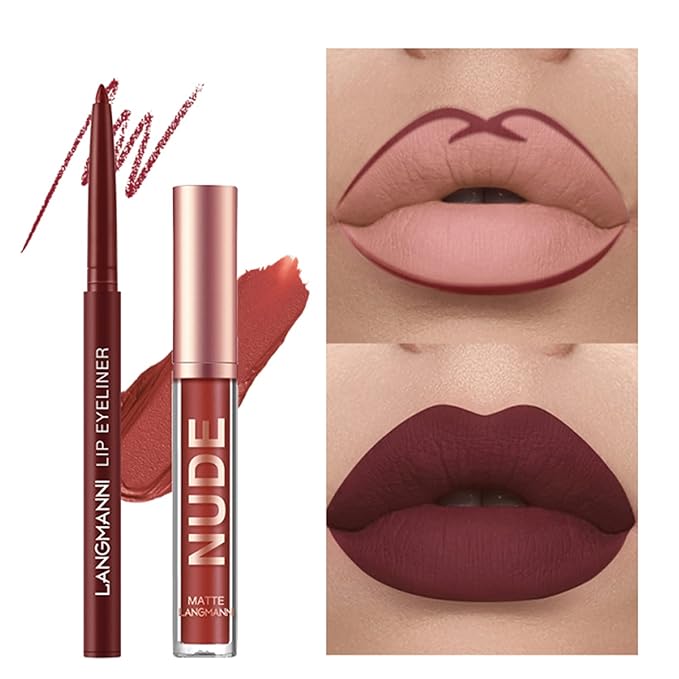Petansy 12Pcs Lip Liner and Lipstick Set, 6 Colors Matte Liquid Lip Sticks + 6 Matching Smooth Nude Lip Liner, All in One Waterproof Long Lasting Lip Gloss Lips Make-up Gift Set for Girls and Women