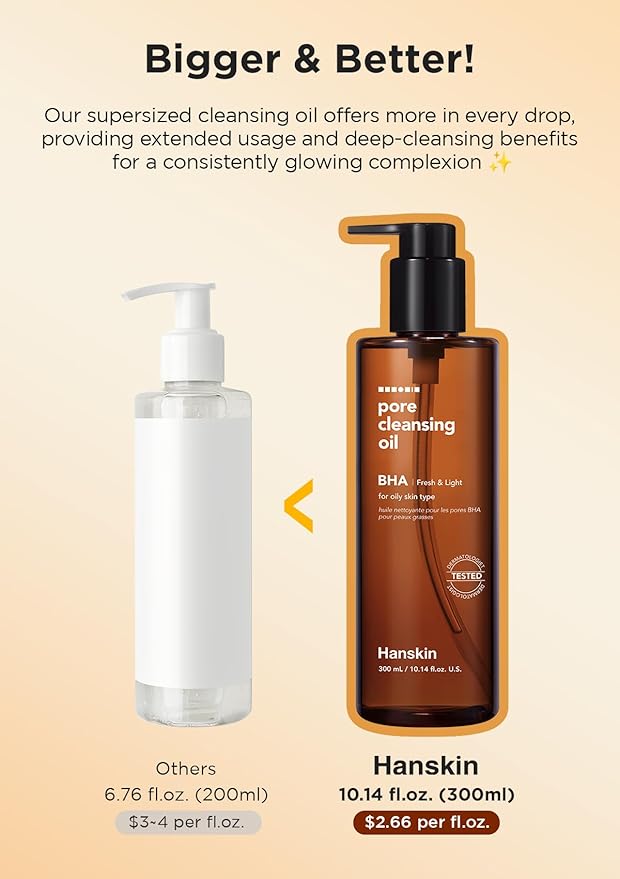 Hanskin BHA Pore Cleansing Oil, Gentle Blackhead Cleanser and Makeup Remover for Combination and Oily Skin, Korean Skincare [BHA/10.14 oz]