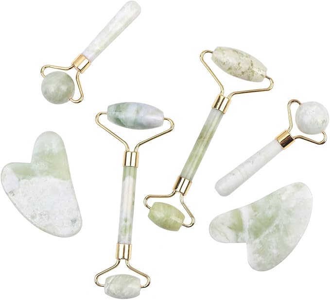 HOTACE Jade Roller for Face-3 in 1 Kit Facial Massager Tool Natural Jade Stone Facial Roller Anti Aging,Face Beauty Set for Eye Anti-Wrinkle-Green