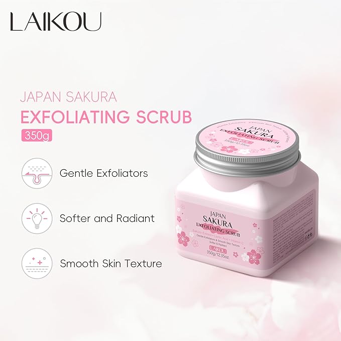 LAIKOU Japan Sakura Body Scrub, Exfoliating Body Scrub, Scrub for Smooth and Soften Skin 350g / 12.35oz.
