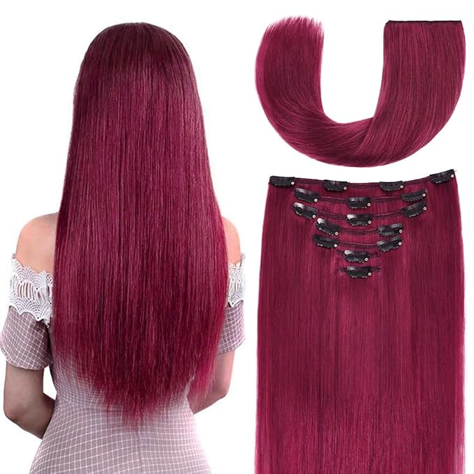 20 Inch Clip-in Hair Extensions Remy Human Hair for Women - Soft Handmade Real Human Hair Clip in Extensions, Straight, Thick, 155g 7pcs #Burgundy Color