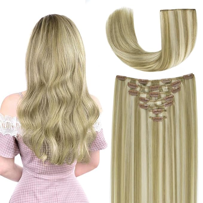 22 Inch Clip-in Hair Extensions Remy Human Hair for Women - Soft Handmade Real Human Hair Clip in Extensions, Straight, Thick, 165g 7pcs Ash Blonde Highlighted Platinum Blonde #17A-60A Color