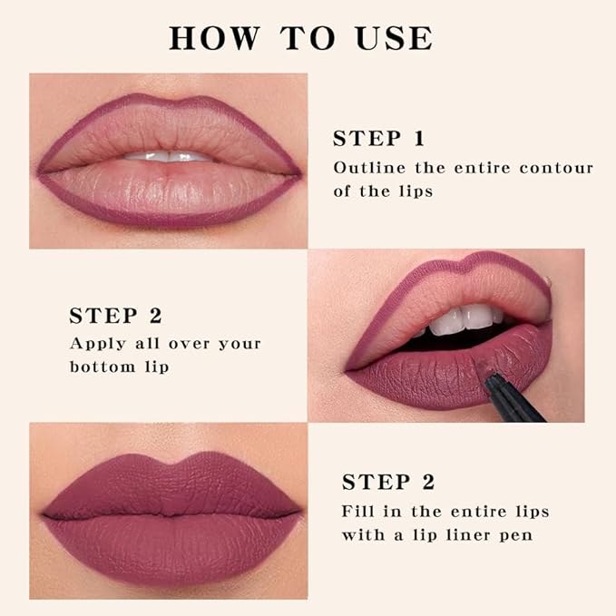 3Pcs Longwear Liquid Lip Liner Stain Marker Pen Set Long Lasting Waterproof, Mauve Dusty Pink Red Matte Permanent 24 Hour Lip Liner and Lipstick Combo, Color Stay Lipliner All Day, Lip Stains peel off