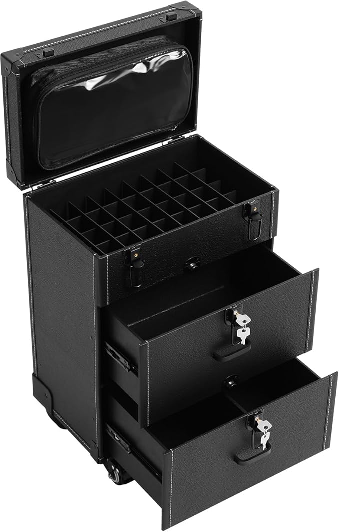 Makeup Train Case, Rolling Makeup Trolley Case, 3 Tiers Lockable Nail Polish Organizer with 2 Keys 4 Wheels (2 with Brakes) for Travel Makeup Artists Nail Technicians (Black Case, Black Lock)