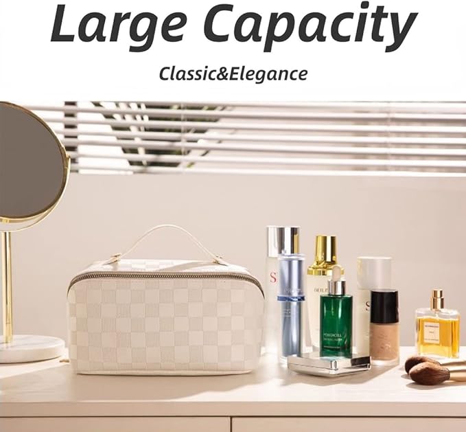 Large Capacity Brown Checkered Makeup Bags Portable Travel Cosmetic Bags Open-Flat Toiletry Bag for Women Girls Make Up Organizer with Divider Pouch Zipper Bag (white-checkered)