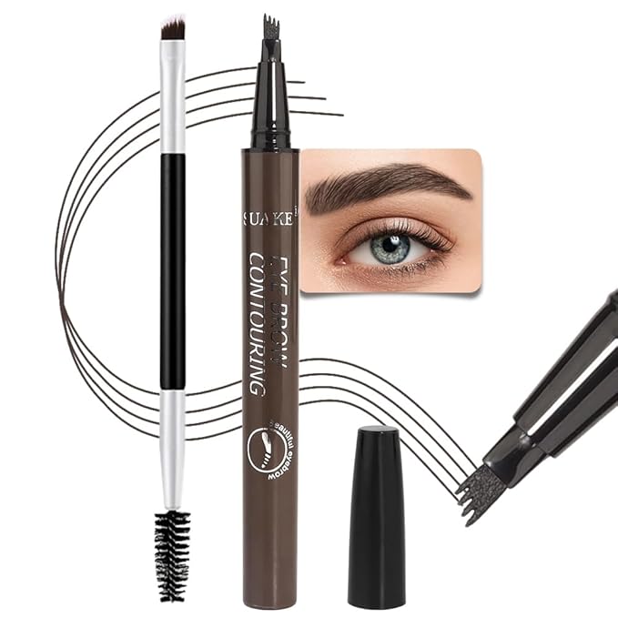 Kaely Microblading Eyebrow Pen with Brush, Magical Precise Waterproof Brow Pen, 4 Tip Eyebrow Contouring Eye Brow Pencils for Women, Creates Natural Brows, Sponge Head 03 Black Brown