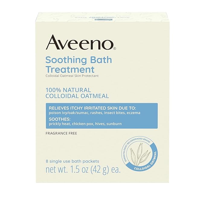 Aveeno Fragrance Free Soothing Bath Treatment, 100% Natural Colloidal Oatmeal, Sensitive Skin Bath Soak for Relief of Dry, Itchy, Irritated Skin Due to Eczema & Hives, Bath Packets, 8 ct. (Pack of 2)