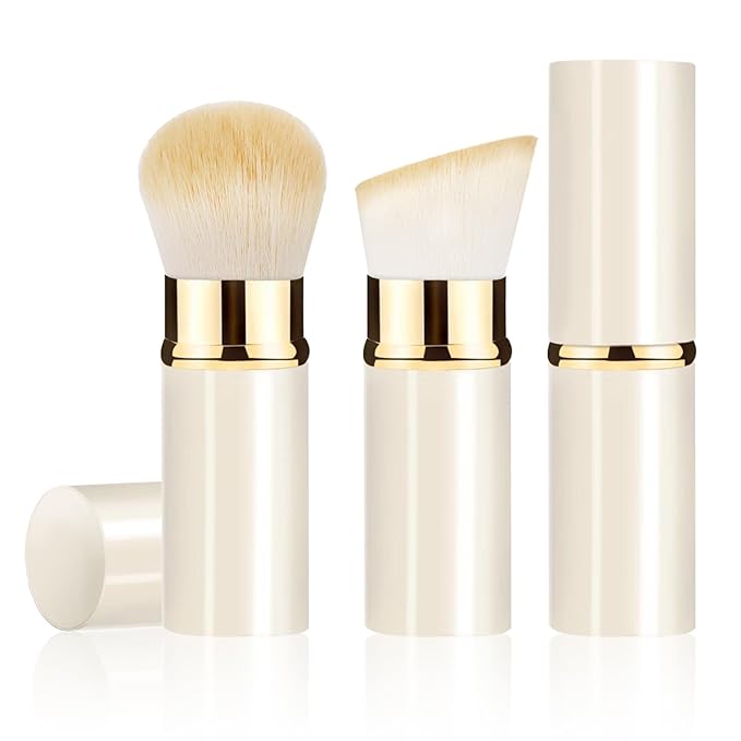 Makeup Brush, Retractable 2 Pack Travel Kabuki Powder Makeup Brush, Foundation Face Blush Brushes for Blending Liquid, Blush, Bronzer, Buffing, Sunscreen,Flawless Cosmetics