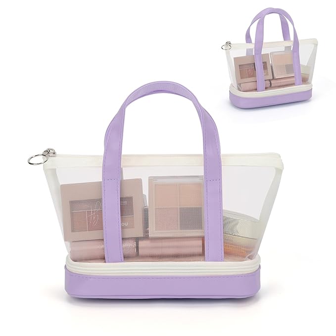 Small Multi-Functional Makeup Bag for Teens and Women Cute Cosmetic Case with Zipper Pouch/Double Handle for Travel Daily Use Multi-Scene Storage - Perfect Christmas or Birthday Gift for Girls-Purple